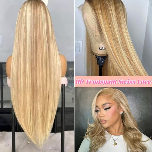 Smavida Highlight Blonde Lace Front Wigs Human Hair Ombre 13x4 Transparent Honey Blonde Glueless Lace Frontal Wig 100% Brazilian Remy Human Hair for White Women 16" (Can Be Curled)
