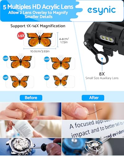 eSynic Type-C Rechargeable Magnifying Glasses Headset-Up to 14X Magnification-5 Interchangeable Lens-3 LED Lights -2 Adjus...