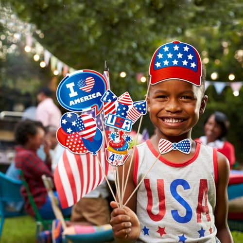 Independence Day Photo Booth Props with Sticks,4th of July Photo Booth Props,Patriotic Party Decorations (25CT)