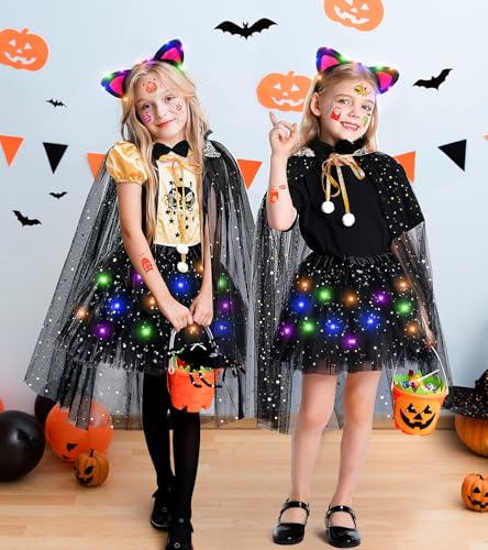 Teuevayl Black Cat Costume and Cape for Girls, 7 Pcs LED Light Up Kids Cat Halloween Costume for Girl Ages 3 4 5 6 7 8