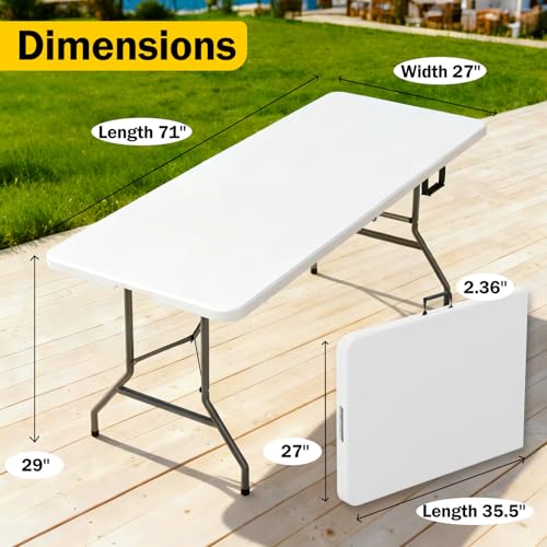 DailyPorta 6 Feet Folding Table with Built in Handle & Fold-in-Half | Heavy Duty Portable | Lightweight Perfect for Party,...