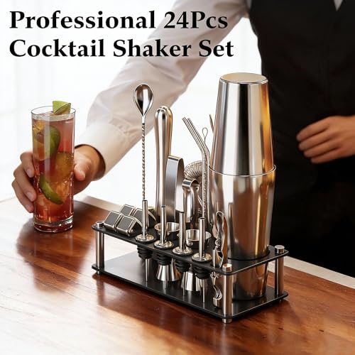 EffiQ-Rate Cocktail Shaker Set Bartender Kit, 24-Piece Boston Stainless Steel Bar Tool Set with Acrylic Stand Bars Set wit...