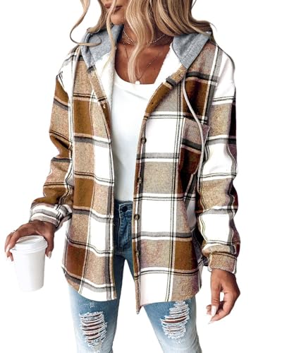 CHICME Womens Lightweight Casual Jacket Plaid Long Sleeve Shacket Fleece Lined Hooded Jackets Warm Coat