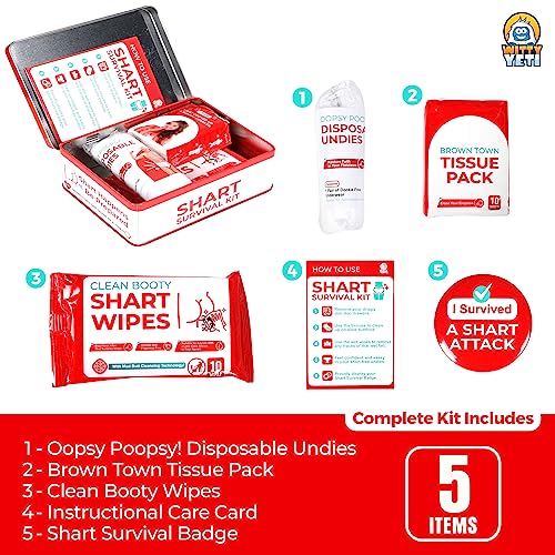 Funny Shart Survival Kit by Witty Yeti. Ultimate Poop Prank Gag Gift Set Contains Wet Wipes, Disposable Underwear, Tissues...