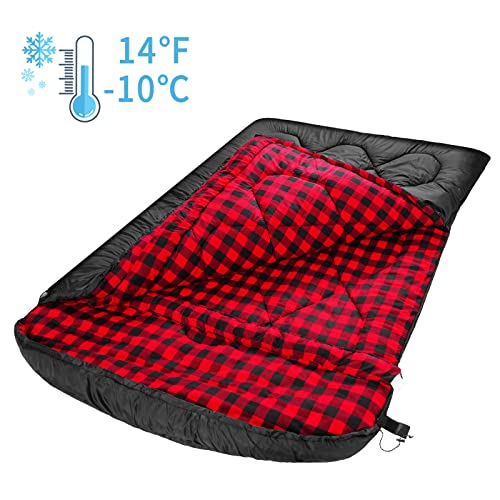 AGEMORE 0 Degree Double Sleeping Bag for Adults, Cotton Flannel Lined 2 Person Queen Size Warm Sleeping Bag for Family Win...