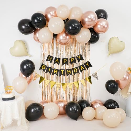 Black Gold Birthday Decorations,Party Decorations with Sand White Champagne Gold Balloon Heart Balloons Happy Birthday Ban...