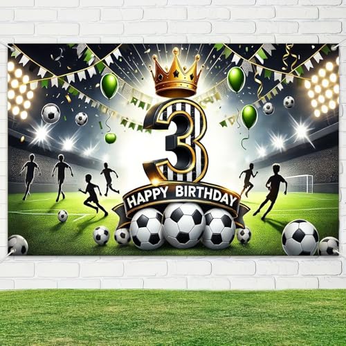 BlissYard Happy 3rd Birthday Soccer Party Banner Stadium Background Third Birthday Decorations Green Gold Crown Number Thr...