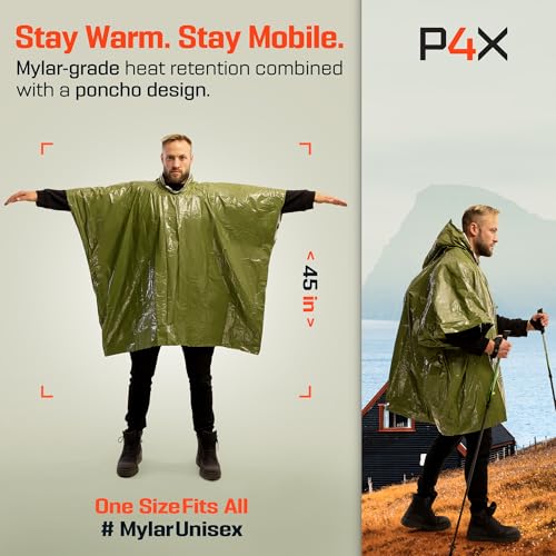 PREPARED4X Emergency Poncho and Mylar Blanket Liner - Waterproof, Wind-Resistant Outdoor Rain Poncho for Camping, Emergencies