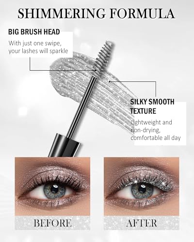 Silver Glitter Mascara for Eyelashes, Waterproof Diamond Sparkle Colored Mascara Volume and Length, Washable Define Long L...