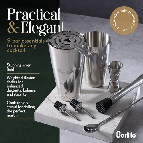 Barillio Boston Shaker Set - Stainless-Steel, Weighted, Martini Cocktail Shaker Set w/Strainer & Mixer - Mixology Bartende...