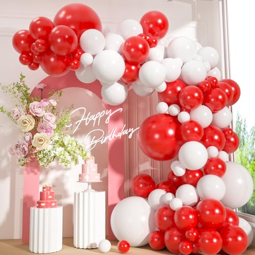 110pcs Red and White Balloons Garland Arch Kit, 18/12/10/5 Inch White Red Latex Balloons for Valentine’s Day, Christmas, N...