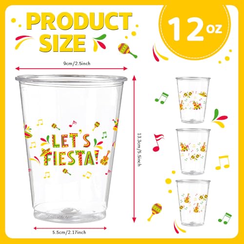 AIBIIN 50 PCS Fiesta Party Plastic Cups 12 oz Mexican Cinco De Mayo Clear Disposable Plastic Cups Decorations Taco Bar Le...
