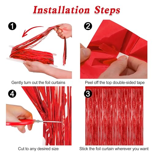 4 Pack Red Backdrop, 3.28 FT x 7.05 FT Party Streamer, Valentines Day Metallic Birthday Tinsel Backdrop Foil Fringe Curtai...