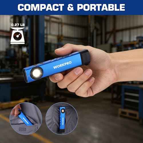 WORKPRO Rechargeable Work Light, 600 Lumens Flat Pocket Flashlight with UV Light, Magnetic Base & Clip, Slim LED EDC Flashlight for Garage, Camping, Home, and Emergencies