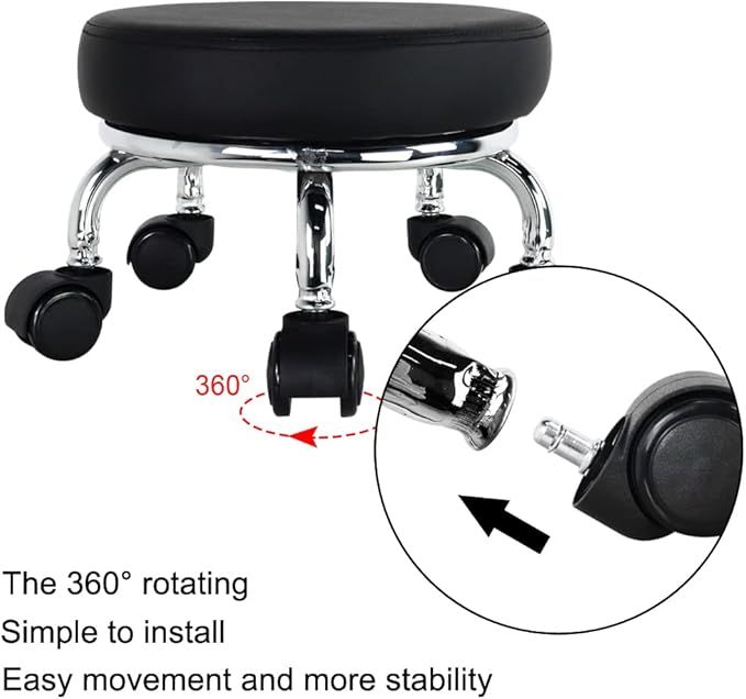 WKWKER Modern Roller Seat PU Leather Low Round Rolling Stool 360° Swivel Small Seat with Universal Wheels Foot Stool for Home Office Garage Shop Fitness Sport H：8.6" （Black）