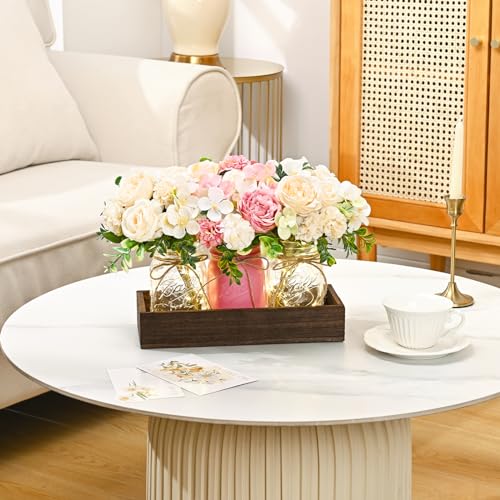 BLEUM CADE Centerpiece Table Decorations - 3Pcs Roses Artificial Flowers in Mason Jars with Wood Tray for Dining Table Cof...