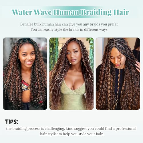 30 Inch Water Wave Boho Hair for Braiding Color #1B30 Human Braiding Hair for Boho Knotless Braids 2 Bundles 100G Deep Wave Natural Black with Brown Highlights Extensions Full Ends