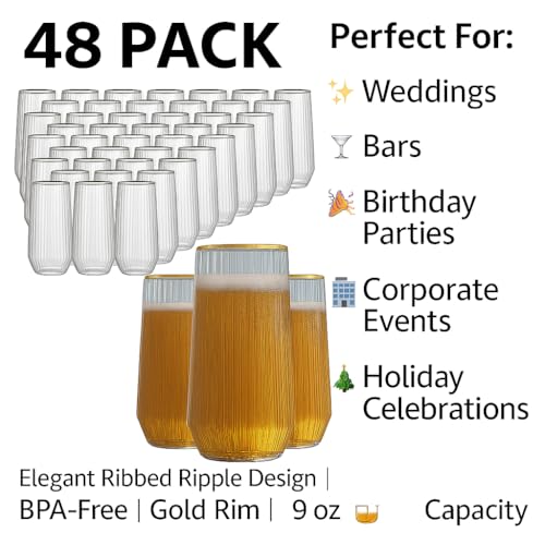 48 Pack Ribbed Ripple Stemless Toasting Glasses, Origami Durable 9 Oz BPA-Free Disposable Plastic Champagne Flutes for Wed...