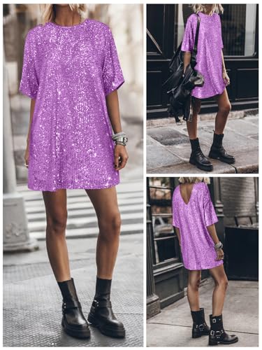 MIYIEONZ Women's Crew Neck Sequin Dress for Women Sexy V Neck Shirt Dress Sparkly Half Sleeve Loose Party Club Cocktail Dress