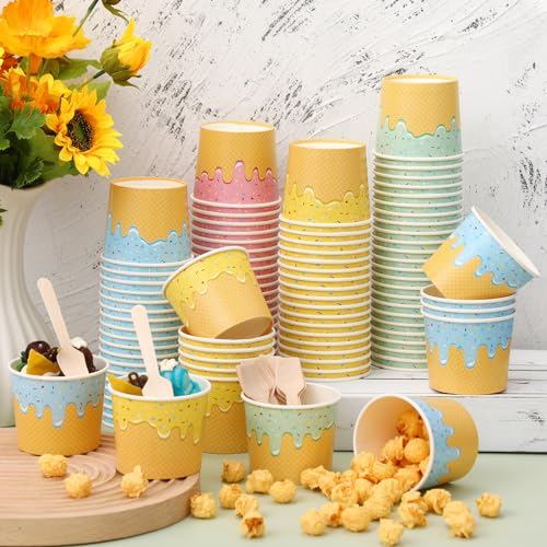 Ninehaoou 100 Pack Paper Ice Cream Cups with Spoons Paper Dessert Cups Colorful Sundae Bowls Disposable Ice Cream Containe...