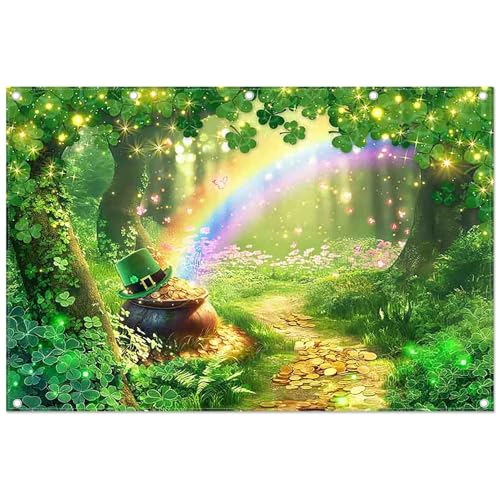 ZTHMOE Fabric 12x8ft St. Patrick's Day Photography Backdrop Spring Forest Rainbow Shamrock Gold Coins Background Festival ...