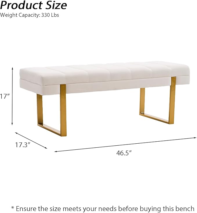 AIITTCC Velvet Ottoman Bedroom Bench, 46.5" Tufted Padded End of Bed Bench with Gold Legs, Upholstered Shoe Bench for Living Room Entryway Window (Ivory White, 46" Wide)