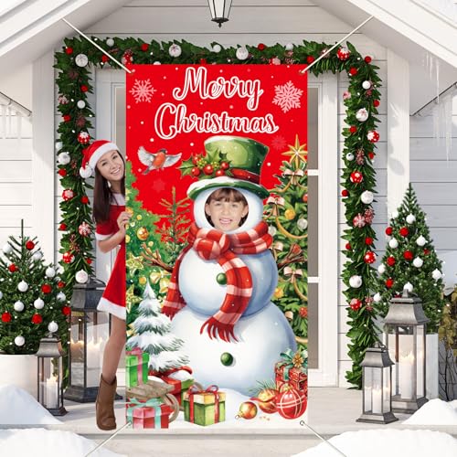 Justforjoyful Christmas Snowman Photo Booth Prop Merry Christmas Party Decoration Xmas Tree Door Banner Fabric Face in Hol...