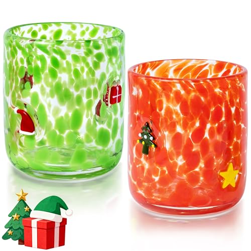9tilight 2Pcs Christmas Icon Juice Glasses 14oz Icon Stemless Drinking Glasses Set, Xmas Double Old Fashioned Glass Drinki...