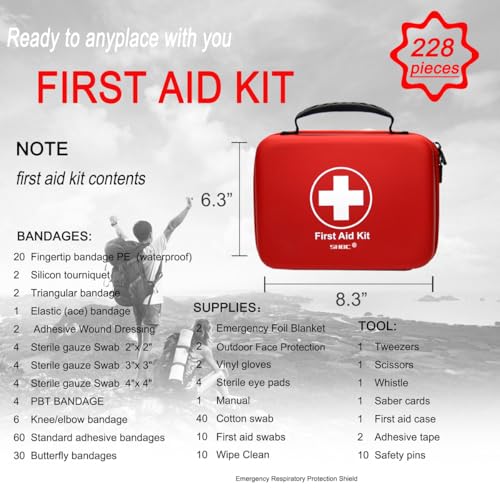 Compact First Aid Kit (228pcs) Designed for Family Emergency Care. Waterproof EVA Case and Bag is Ideal for The Car, Home,...