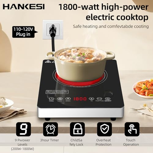 HANKESI Single Burner Electric Cooktop,110V 1800W Electric Stove Top with LED Touch Control,9 Power Levels, 3 hTimer, Safe...