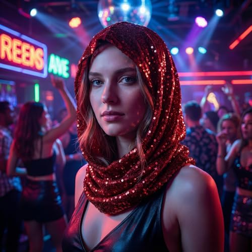 Simlakey Sequin Rave Hood Rave Scarf Outfit Accessories for Women Glitter Hooded for Carnival Parade Concert Costume