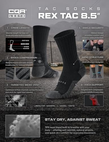 CQR 3 Pack Men and Women Wool Hiking Mid Calf Crew Socks, Moisture Wicking Breathable Outdoor Tactical Cushion boot Socks