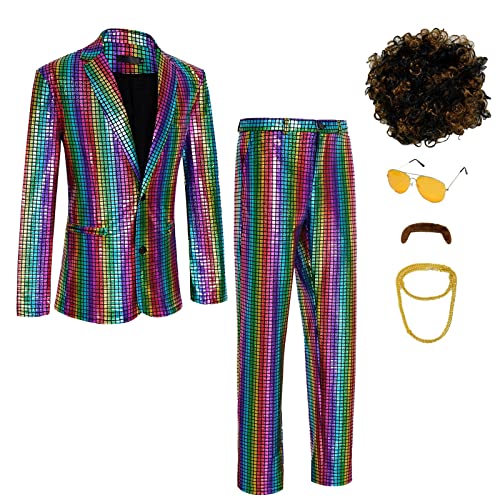DZMDIP Men's 70s Disco Costume Shiny Metallic Sequin Suits Set Prom Party 2 Piece Outfits