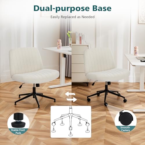 OLIXIS Criss Cross Chair with Wheels Wide Cross Legged Office Desk Vanity Chair Comfy Fabric Armless Adjustable Swivel for...