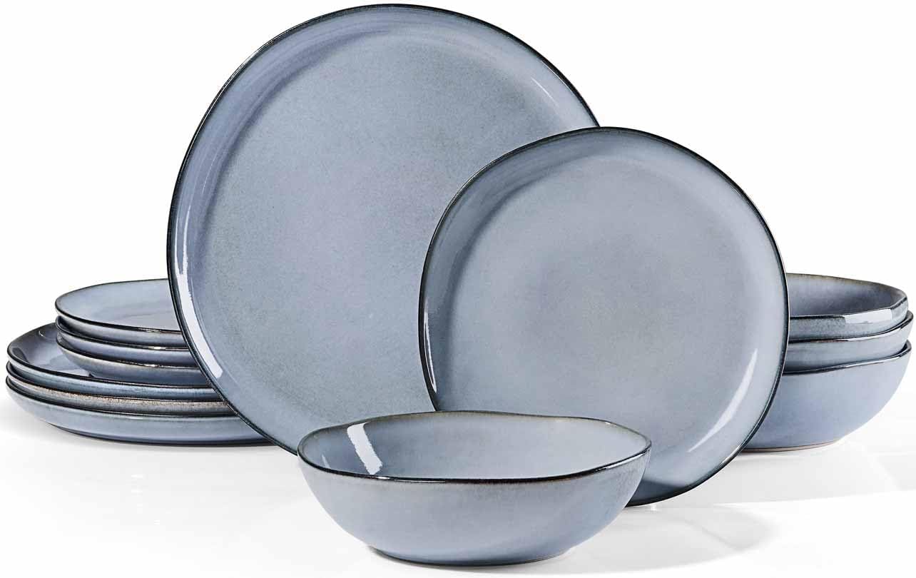 Herogo Plates and Bowls Dinnerware Sets, 12 Piece Stoneware Dinner Dishes Set for 4, Irregular Handmade Dishware Tableware, Crack and Scratch Resistant, Reactive Glaze, Smoky Blue