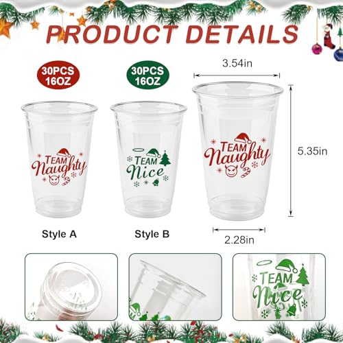 60 Pack Christmas Disposable Cups – 16oz Plastic Party Cups with Naughty or Nice Design Red Holiday Solo Cups, Perfect for...