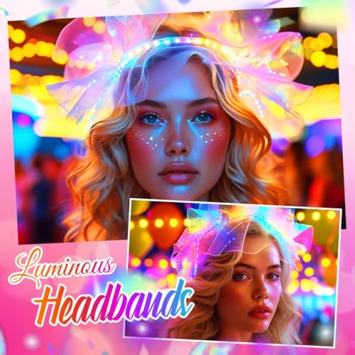 Latious LED Crown Headband White Light Up Feather Headpiece Glow Rave Headbands for Bride and Women (White-Colorful Light)