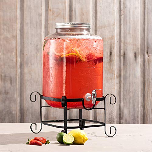 Style Setter Beverage Dispenser Cold Drink Dispenser w/ 3-Gallon Capacity Glass Jug, Metal Stand & Leak-Proof Acrylic Spig...