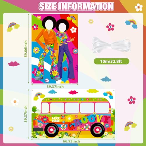 Buryeah 2 Pcs 60's Theme Party Decorations Hippie Bus Photo Prop Hippie Theme Party Backdrop Groovy Selfie Frame Banner fo...