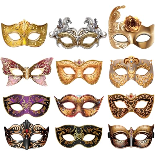 Blulu 12 Pcs Mardi Gras Masquerade Mask Set Paper Masquerade Masks Women's Costume Party Supplies for Mardi Gras, New Yea...