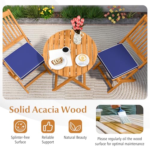 Tangkula 3 Pieces Acacia Wood Patio Folding Bistro Set, Outdoor Table and Chairs Set with Soft Cushions, Patio Furniture S...