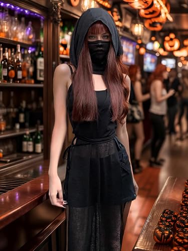 Mingnos Women Goth Rave Dress Sexy Cosplay Costume Cutout High Slit Sheer Festival Outfits Night Out Dresses
