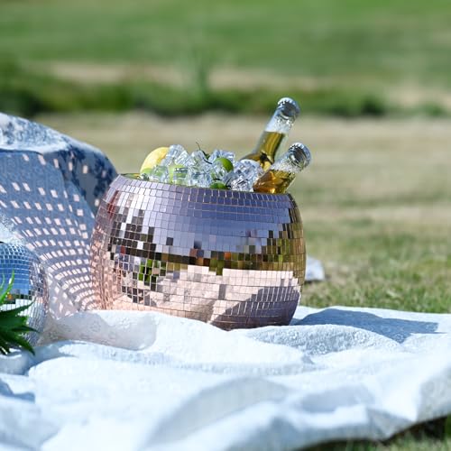 Rose Gold Disco Ball Ice Bucket - Mirror Ball Cooler, Reflective Rose Gold Drink Holder, Shiny Ice Bucket for Parties, Wed...