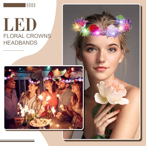 Syhood 40 Pcs LED Flower Headband, Light up Flower Crown Garland Headdress Floral Headpiece for Women Hair Accessories Bri...