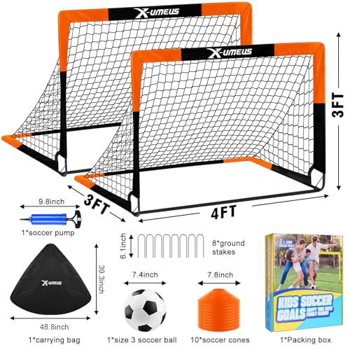 Kids Soccer Goals for Backyard Set of 2, 4 x 3 ft/6 x 4 Toddler Soccer Goal Training Equipment with Soccer Ball, Cones, Po...