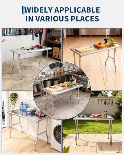 Commercial Stainless Steel Folding Table，48 x 24 Inch Heavy-Duty Kitchen Island Folding Commercial Prep Table for Food, Re...