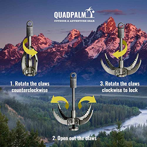 QUADPALM Grappling Hook and Rope 10M (32ft) - Multifunctional Heavy Duty Survival Hook - 4 Stainless Steel Folding Claws -...