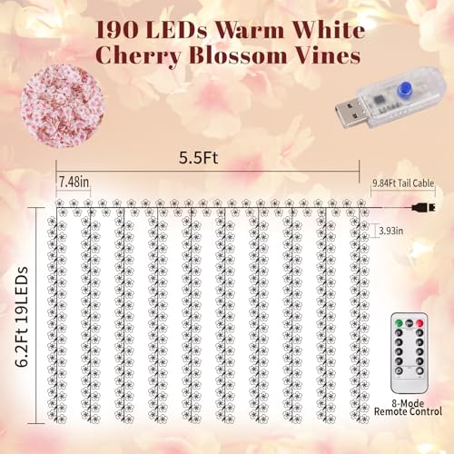 Lfasww Artificial Cherry Blossom Lights，190 LED 5.5ft x 6.2ft Warm White Curtain String Lights with Remote and Timer, 8 Mo...