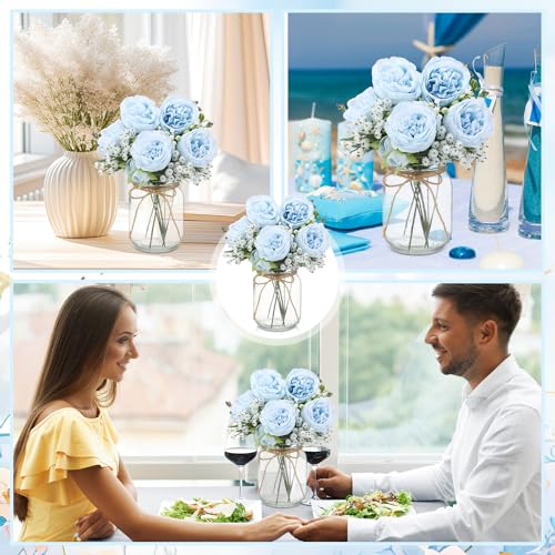 Zeyune 12 Sets Mason Jar Centerpiece Table Decorations, Artificial Peony Baby's Breath Flower Bouquets, Faux Flowers with ...