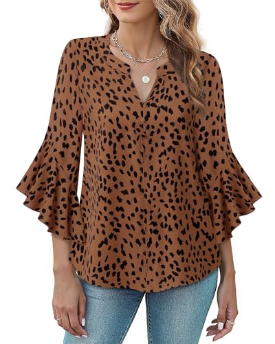 Bebonnie Womens Tops Dressy Casual Ruffle 3/4 Sleeve Henley V Neck Chiffon Blouses with Buttons